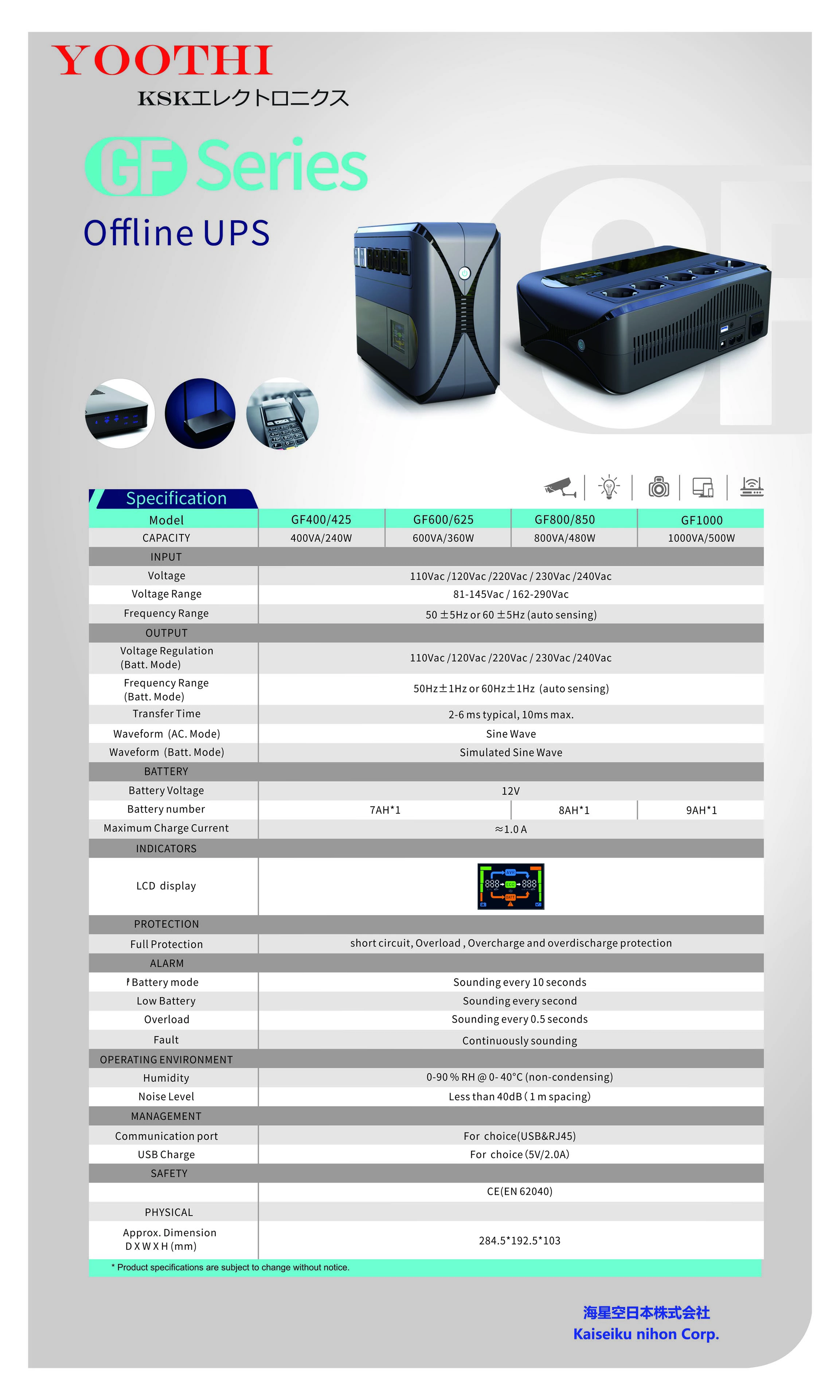 UPS YOOTHI GF 1000 1000VA/500W